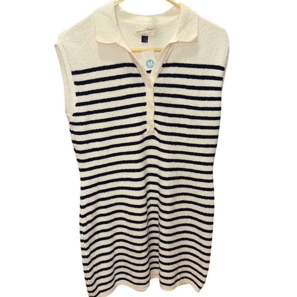 Universal Thread Womens Striped Polo Sweater Vest Dress Cream Navy Blue Size M